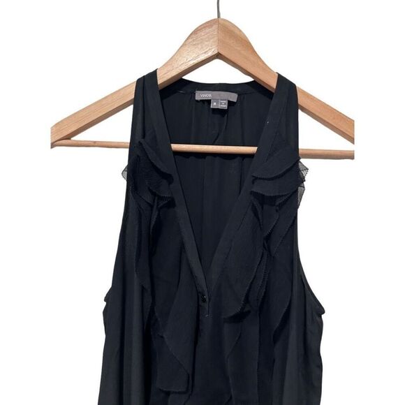 Vince Silk Blend Ruffle V-Neck Handkerchief Hem Button Down Blouse Black Medium - Picture 3 of 12